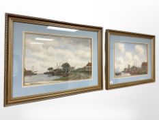 Jan Van Couver (1836 - 1909) : Fishing boats in calm water with windmill beyond, watercolour,