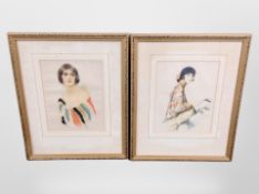 A pair of Art Deco style gilt framed portrait lithographs,