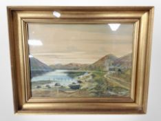 Fred Jensen : A fjord with thatched homestead and rowing boat in the foreground, watercolour,