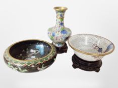 A 20th century Chinese cloisonné baluster vase on hardwood stand, height 16cm,