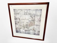 After Lars Physant : A colour print depicting buildings, signed in pencil, 75cm x 75cm.