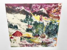 Danish school : Abstract study of figures on a landscape, oil on canvas, 95cm x 85cm.