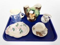 A Maling lustre dish and cover, further Maling blue and white mug, Hornsea spill vase.