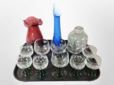 A set of six two-tone etched wine glasses, further set of four glasses, two art glass vases,