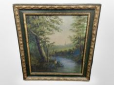 19th century school : Mitford, Northumberland, a girl gathering flowers by a stream, oil on canvas,