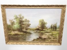 G Shepherd : A rural stream with buildings beyond, oil on canvas, 75cm x 49cm.