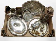 A group of silver-plated wares including lidded entrée dish, gallery tray, tankards, napkin rings,