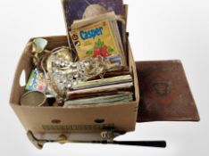 A box containing brass and crystal pendant light fitting, ceramics, children's books, etc.
