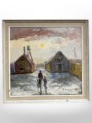 R Franci : Figures by buildings, oil on canvas, 52cm x 49cm.