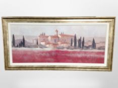 After A Fletcher : Continental villa with red tiled roofs, colour print, 45cm x 108cm.