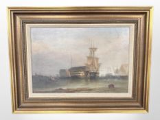 Attributed to George Gregory, 'Prison Hulks', oil on board, 33cm x 48cm,