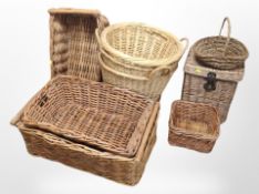 Approximately nine wicker baskets.