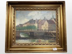 Rob F : A view along a canal, oil on canvas, 44cm x 35cm.