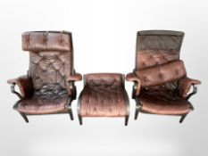 A late 20th century Danish stained bentwood framed pair of armchairs upholstered in brown stitched