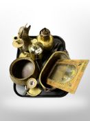 A group of brass wares including hammered brass planter, candlesticks, dram drinks measure,