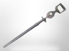 A stained wood tribal staff, length 95cm, and a walking cane with dog's head pommel, length 93cm.