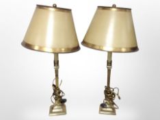 A pair of brass table lamps with shades, height 57cm (continental plug).