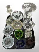 A group of Danish glassware including tealight holders, vases, candelstick, etched beaker.