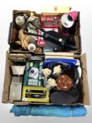 Two boxes containing contemporary ornaments, stoneware bottle, anglepoise lamp, beach shelter,