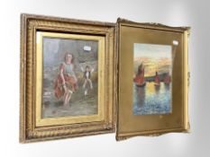 C H Furniss : Sailboats in calm waters at sunset, pastel, 27cm x 17cm,