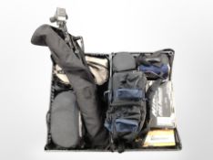 Two crates containing photography items including Nikai 35mm camera, camera tripod,
