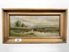 Danish school : River leading to a bridge, oil on panel, 30cm x 13cm.