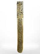 A Chinese bronze manuscript page turner, length 32cm.