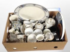 A box of tea china, pottery beer stein, dinner wares.