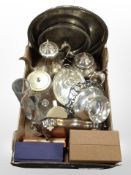A box of silver-plated wares including gallery trays, tea service, small quantity of glassware.