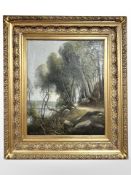 Danish school : A path by a lake, oil on canvas, 36cm x 44cm.