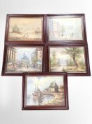 Five contemporary oil paintings including two Parisian street scenes by Burnett.