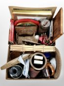 Two boxes containing treen, ceramics, folding clothes airer, model boat, pictures, etc.