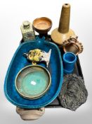 A group of Danish studio pottery wares, including oblong dish, lamp base, square-sectioned vase,