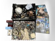 A quantity of costume jewellery, wristwatches, oversized pocket watch, etc.