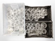 Three crates on 20th-century crystal including various drinking glasses, vase, bowls, etc.