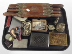 A group of Eastern brass-mounted hardwood carving knives and forks,