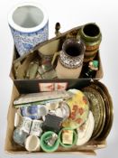 Two boxes containing West German pottery vases, frameless Art Deco mirror, safety razor,
