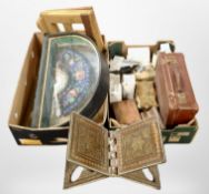 Two boxes containing a vintage leather luggage case, trinket boxes,