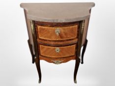 A French kingwood and satinwood-inlaid two-drawer chest with marble top, 68cm x 38cm x 74cm.