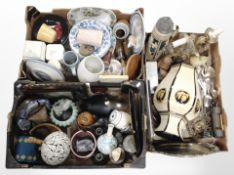 Three boxes of continental ceramics and metal wares including large pottery beer stein, vases,