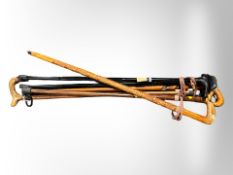 A bundle of assorted modern walking sticks.