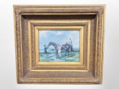 A gilt-framed print depicting figures with racehorses, 24cm x 19cm.
