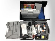 A crate containing assorted power tools including Challenge Extreme power drill,