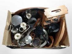 A box containing teak serving platter, drinks stand, and lazy susan,