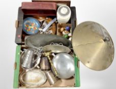 Two boxes containing silver-plated wares, brass pendant light shade, carved wooden fruit bowl,