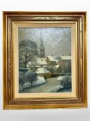 F Bagger : Village scene in snow, oil on board, 36cm x 44cm.