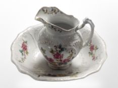 A Victorian transfer-printed pottery wash jug and basin.