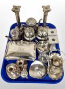 A group of silver plate and stainless stee wares, pair of Corinthian column candlesticks,