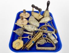 A collection of brass wares, candlesticks,