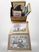 A box containing gilt triptych mirror and assorted pictures and prints.